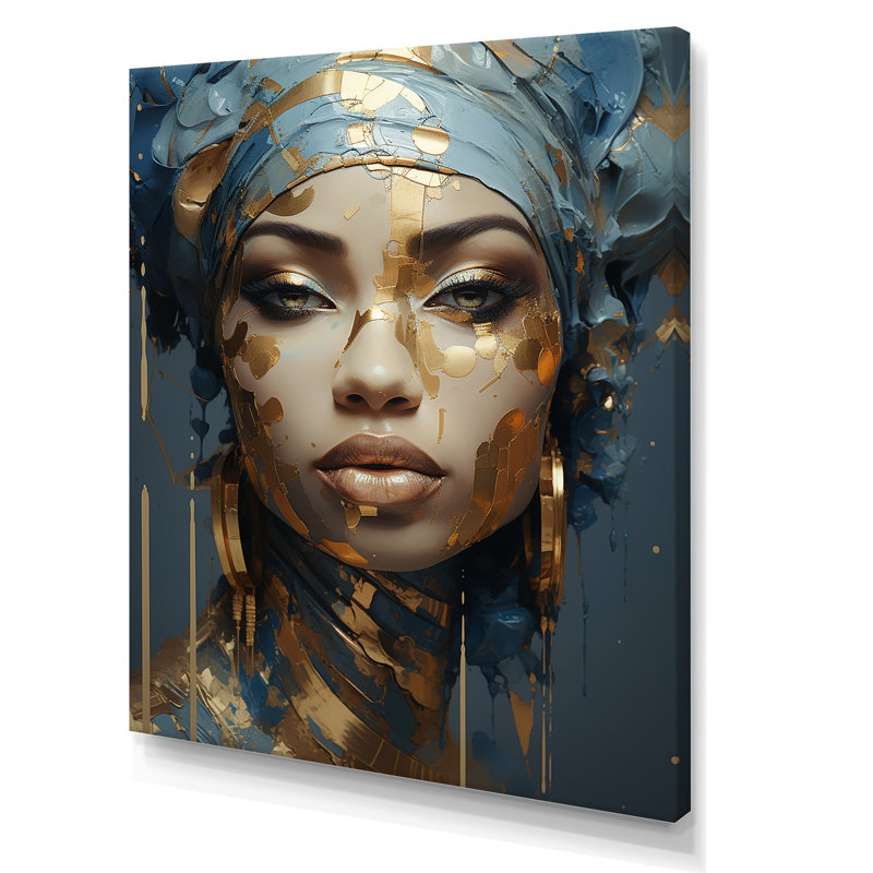 «Blue and Gold African Woman Portrait», art africain sur toile, H 32 po x l 24 po, Toile tendue, Sans cadre