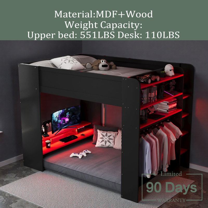 Full Size Wood Bunk Bed With Height-Adjustable Desk,Wardrobe,Ample Storage Space,And RGB Light, Red