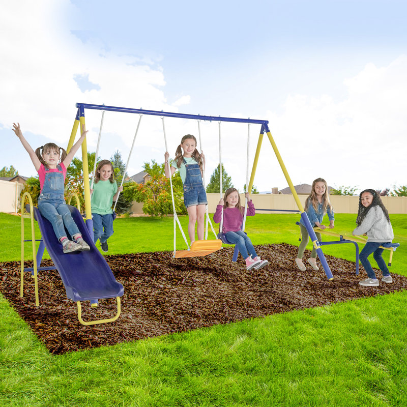 Yellow Metal Outdoor Swing Set with Slide and Teeter-Totter