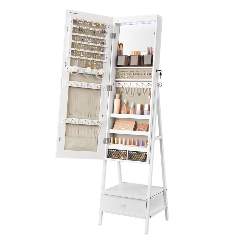 Rustic Brown Jewellery Armoire With Mirror And Bottom Drawer For Women - Large Storage, Built-In Mirror Lights, Extra Storage Outside - Ideal For Face Makeup - 14.6''D X 16.3''W X 61.8''H