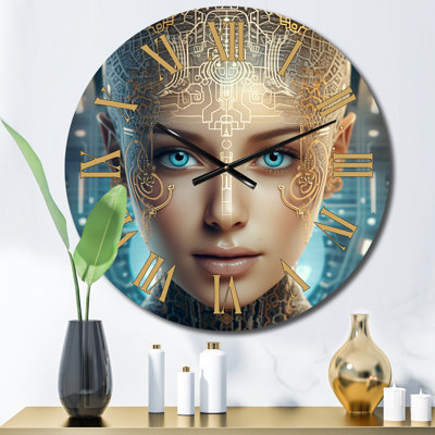 Sci-Fi Portrait Of Golden Futuristic Goddess IV Metal Wall Clock