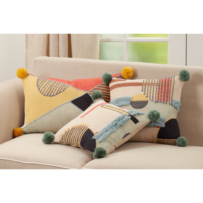 Multicolor Geometric Embroidered Cotton Lumbar Pillow with Pom Poms