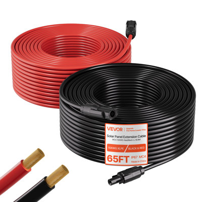 Solar Panel Extension Cable, 65 ft Black + 65 ft Red, 10 AWG (6 mm²), Solar Panel Wire with Female and Male Connectors, IP67 Waterproof PV Tinned Copper Wire, for Outdoor Photovoltaic Systems