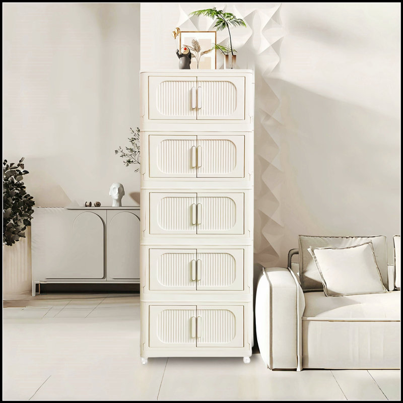 Armoire de rangement pliante blanc crème à 5 niveaux avec porte magnétique, parfaite pour économiser de l'espace et organiser votre vie