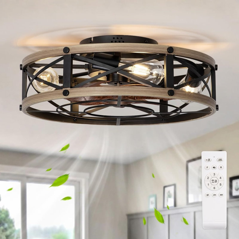 Farmhouse Flush Mount Caged Ceiling Fans With Lights, 6 Speeds, ..., Bronze/Brown