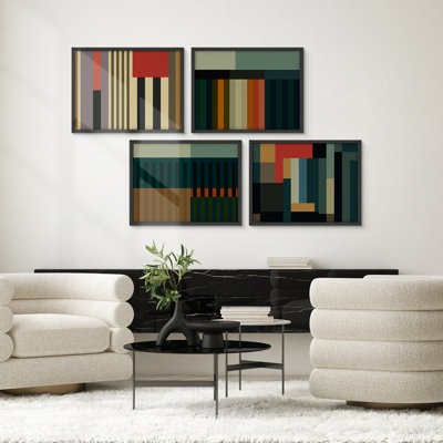 4-Piece Mid-Century Modern Geometric Wall Art Set – Bold Abstract Color Block Framed Prints with Retro Stripes for Contemporary Living Room or Office Décor