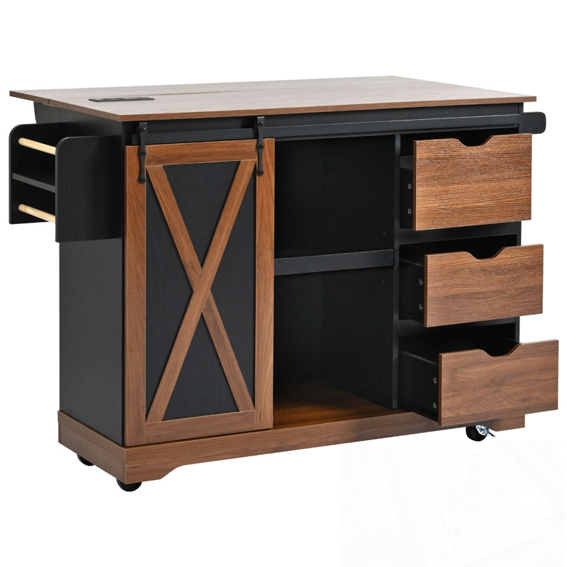 Kitchen Island With Drop Leaf, Barn Door, Power Outlet And Spice Rack, Black