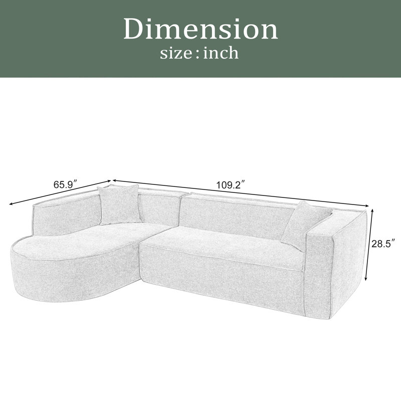Canapé modulaire de style moderne, canapé modulaire éponge, canapé modulaire en forme de L avec un design incurvé élégant et un tissu chenille luxueux, deux coussins décoratifs, pour le salon, le bureau