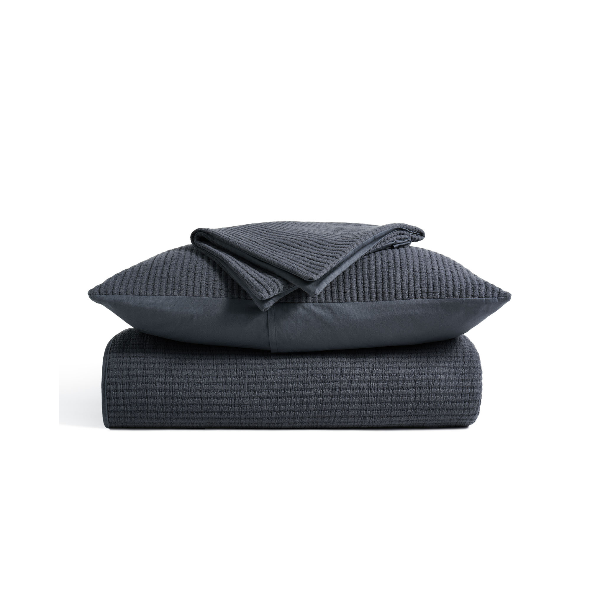Ribbed Matelassé Cotton Coverlet Set, King Quilt + 2 King Shams, Midnight Blue