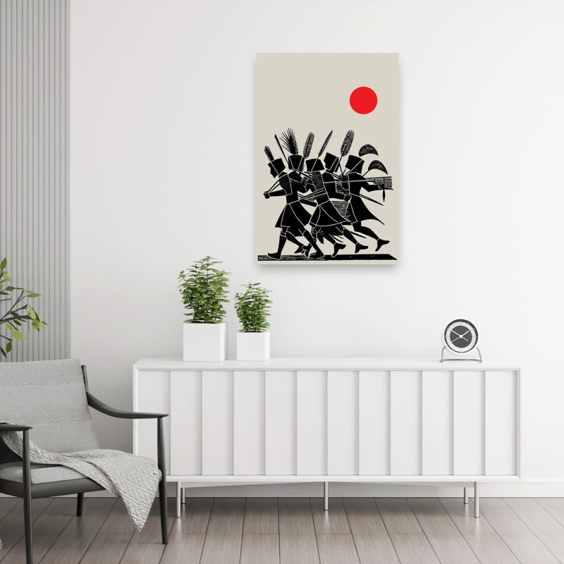 Marching Archers Red Sun Minimalist Abstract Architecture Landscape Wall Art Print 1 Piece Wrapped Canvas Wall Art