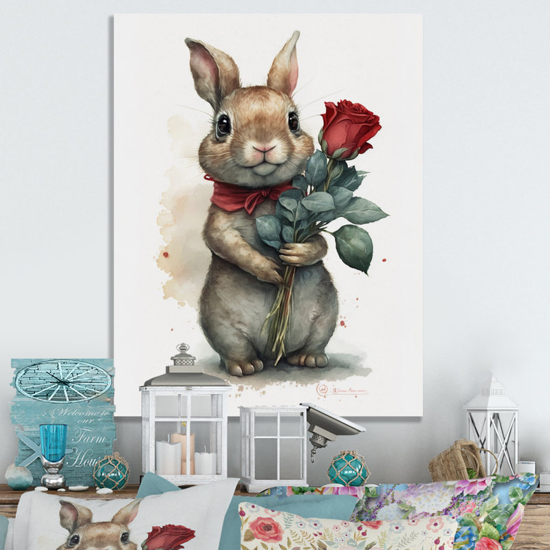 «Bunny Love Holding a Rose», reproduction sur toile, H 40 po x l 30 po x P 1,5 po, Toile tendue
