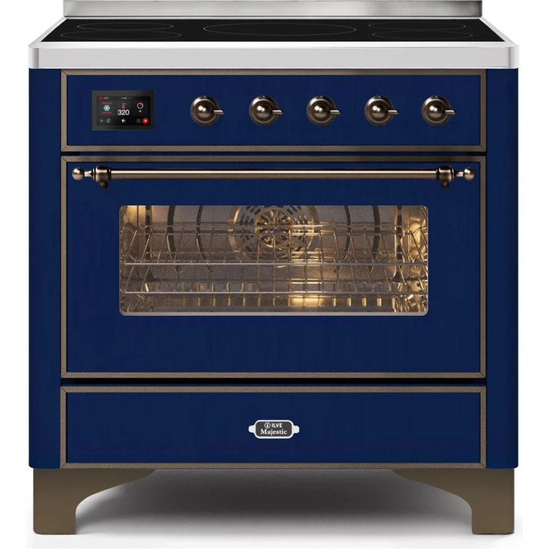 Cuisinière à induction 36 pouces avec 5 éléments à induction ILVE Majestic II Series (porte en verre), Bleu minuit / bronze
