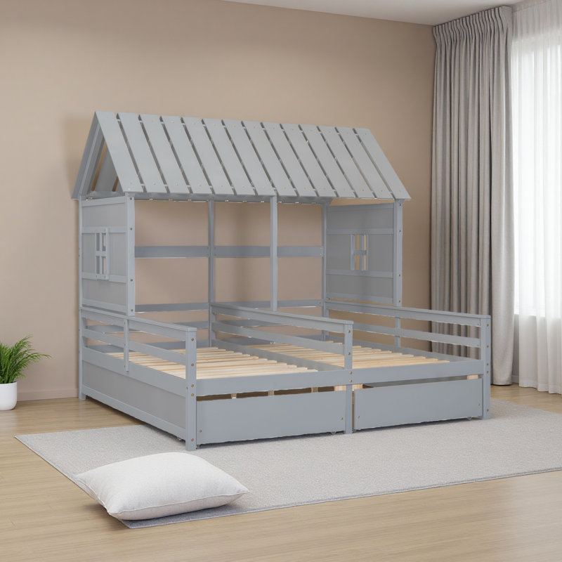 Lit plateforme simple avec deux tiroirs pour lits partagés, combinaison de 2 lits simples côte à côte, Gris