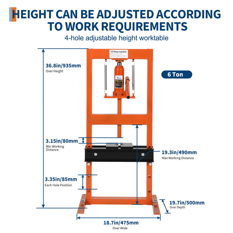 Presse d'atelier hydraulique 6 T / 12 T / 20 T - Presse à cadre en H robuste pour le garage avec plaques mobiles, hauteur réglable à 4 positions, capacité de 13 000 lb / 26 000 lb / 44 000 lb et qualité professionnelle