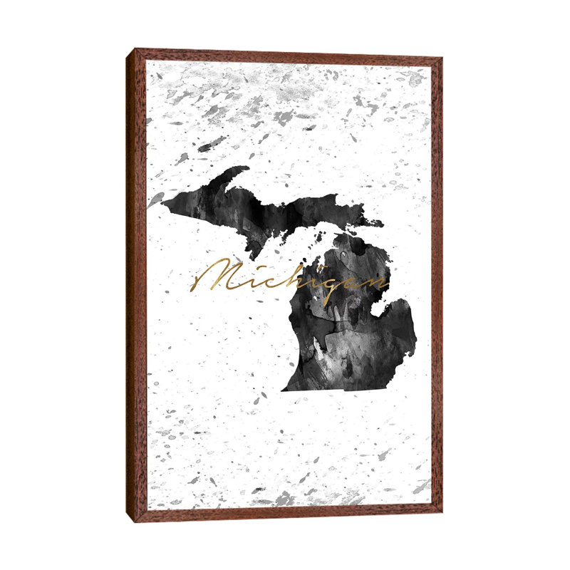 Michigan Black and White Gold 1 Piece Wall Art on Canvas, 101.6cm H x 66.04cm W x 3.81cm D, Classic Brown Wood Framed