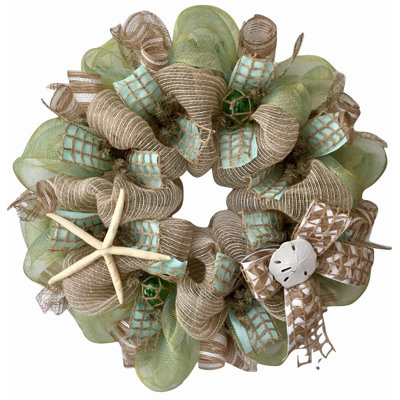Beach Wreath with Nautical Balls 24 inches Indoor/Outdoor Handmade Deco Mesh