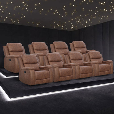 37" Wide Modern Cognac Leather Manual Reclining Home Theater Seat with Built-in Cup Holder