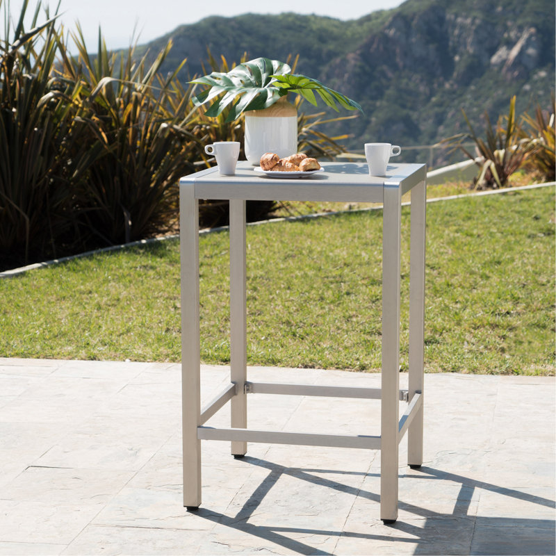 Table de bar d'extérieur en aluminium avec plateau en verre de 43 po, finition grise