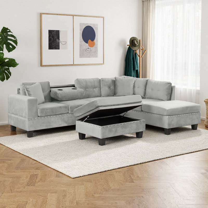 Canapé modulaire moderne en velours de 105 po avec repose-pieds et méridienne réversible, noir, Gris