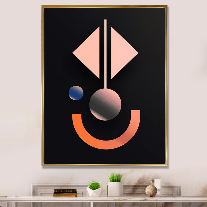 Rétro géométrique sur fond noir - salon moderne d'art mural géométrique, H 44 po x l 34 po x P 1,5 po, Cadre flottant doré