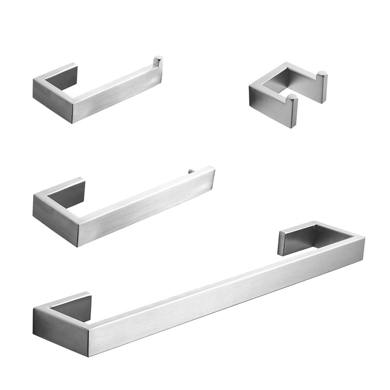 4-Piece Square Brushed Nickel Stainless Steel Bathroom Hardware Set, Wall Mount Towel Bars, Toilet Paper Holder & Robe Hook Modern Bathroom Accessories Kit
