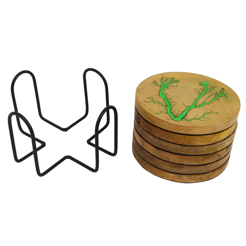 Ensemble de sous-verres géométriques en bois avec support, Éclair, Brun / vert