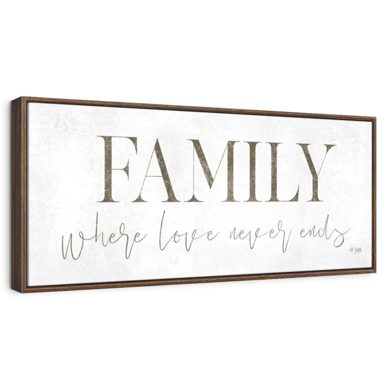 Plaque murale «Family Where Love Never Ends», 28 po x 10 po, Cadre flottant noyer