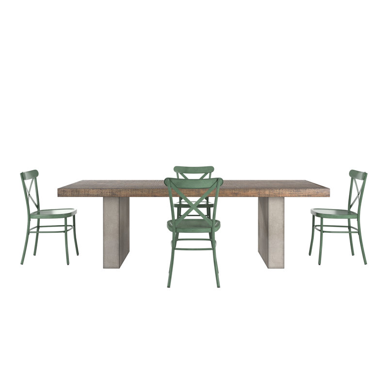 Savannah Reclaimed Finish Wood Top With Concrete Veneer Base Dining Table And X-Back Metal Chairs Set, Green