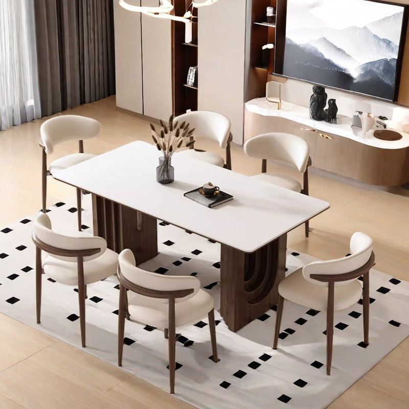 Modern  Ash Wood Rock Plate Dining Table Chair Set 6 - Person Double Pedestal Base Dining Set, 29.5"H x 70.8"L x 35.4"W