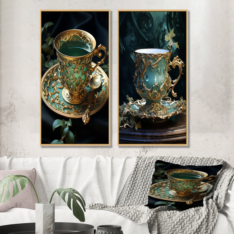 Élégance sophistiquée thé Élégance - ensemble de 2 impressions murales de verres, H 32 po x l 33 po, Encadrement brun