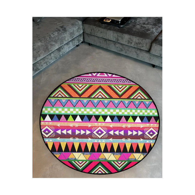 Woven Base Modern Decorative Carpet With Multicolored Geometric Shapes Details, Round 2'8"
