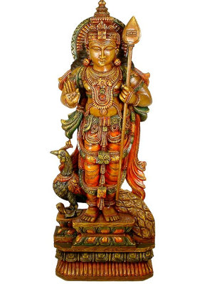 Statue de divinité Kumara en bois sculpté en bois, temple indien du sud de 4 pi de hauteur