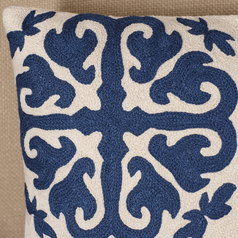 Embroidered Canvas Reversible Throw Pillow, 22" x 22", Navy