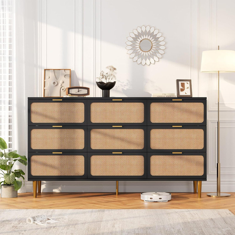 Commode 9 tiroirs, commode haute avec rangement profond pour la chambre à coucher et le salon, Noir