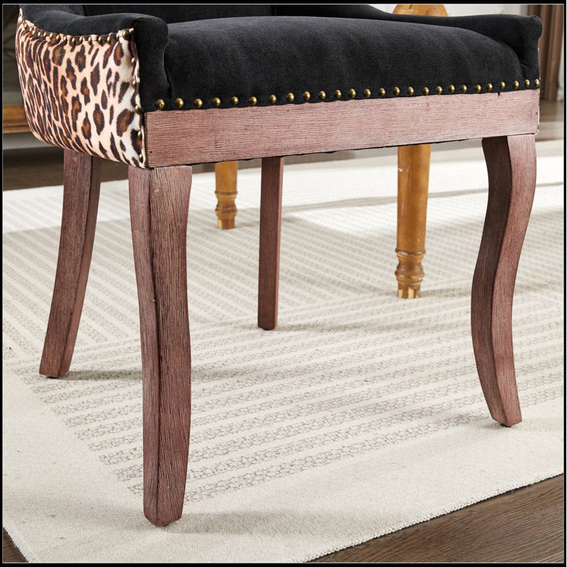 Ultra Side Dining Chair with Leopard Print, Thickened Fabric, Solid Wood Legs, and Bronze Nail Head Trim, Set of 2