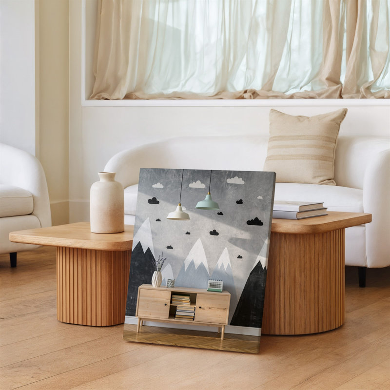 Toile Une scène intérieure d'inspiration scandinave douillette avec un buffet d'art mural en bois clair avec une finition naturelle ornée d'un art mural en toile