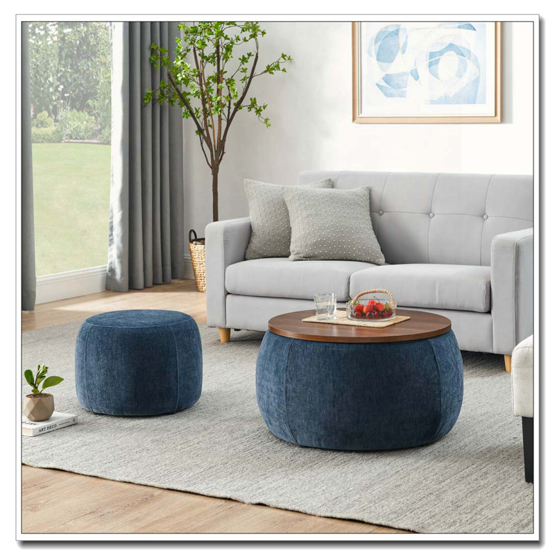 Ensemble de 2 repose-pieds ronds en chenille avec rangement et petit tabouret en forme de tambour, Bleu très foncé