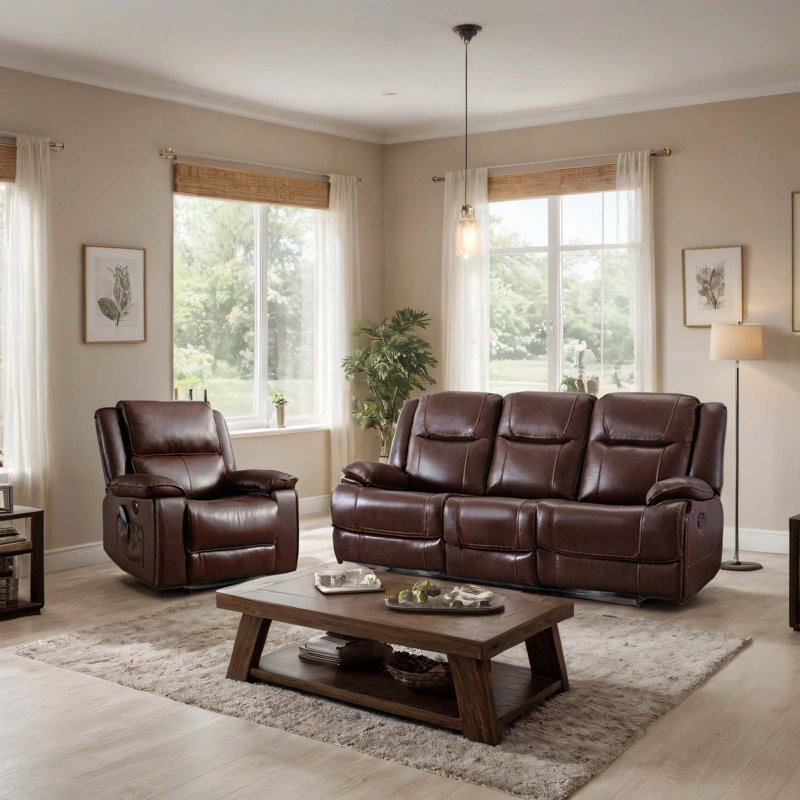 Ensemble de salon inclinable en cuir véritable de qualité supérieure 2 pièces avec porte-gobelets et poche latérale