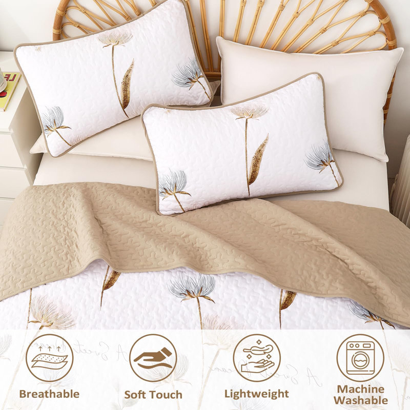 3 Pieces Floral Quilt Set Lightweight Farmhouse Style Coverlet Sets For All Season, Queen Quilt + 2 Queen Shams, Khaki