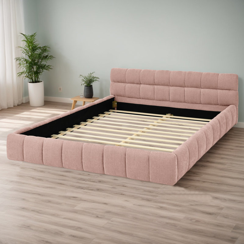 Upholstered Bed Frame, Queen, Pink