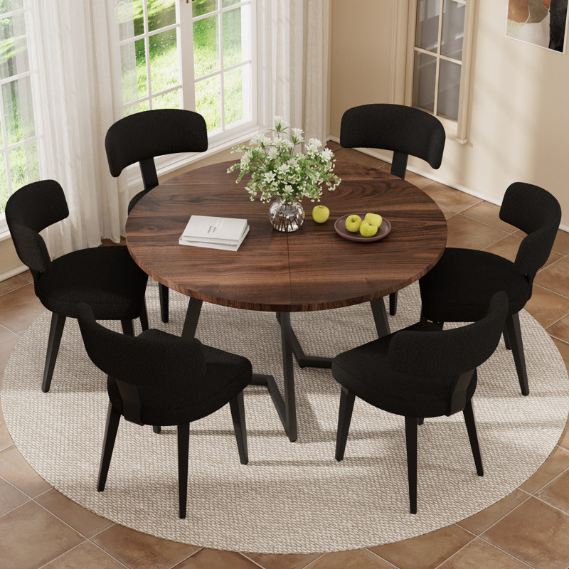 Round Wooden Dining Set For 4-6, Back, 7, Walnut