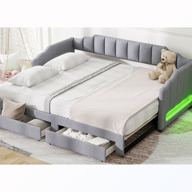 Lit de jour simple rembourré extensible de taille XL avec tiroirs et lumière DEL, Gray