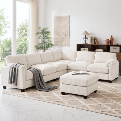 Ensemble de canapé modulaire rembourré modulaire en velours côtelé, canapé d'angle convertible en forme de L avec sièges sans accoudoirs, modules d'accoudoirs et repose-pieds pour le salon
