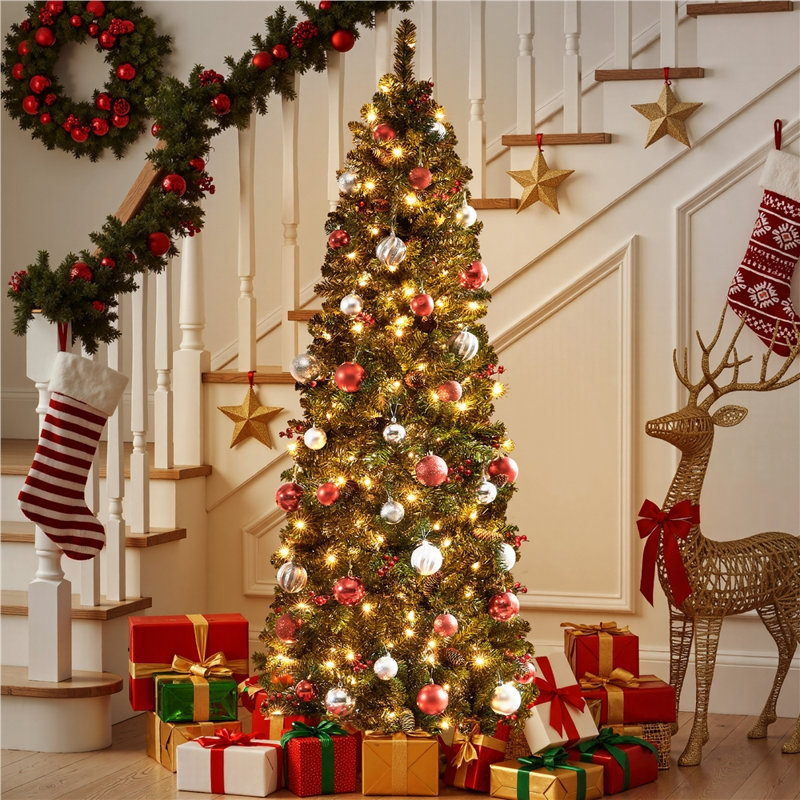 Arbre de Noël prelit à crayon mince, lumières blanc chaud, bouts de branches, 6'