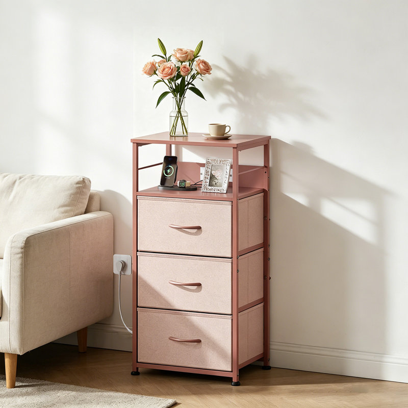 Table de chevet avec station de charge, table de chevet de 31,9 po de hauteur avec 3 tiroirs en tissu, table de chevet à DEL avec ports et prises USB, table de bout pour dortoir, chambre à coucher, vestibule