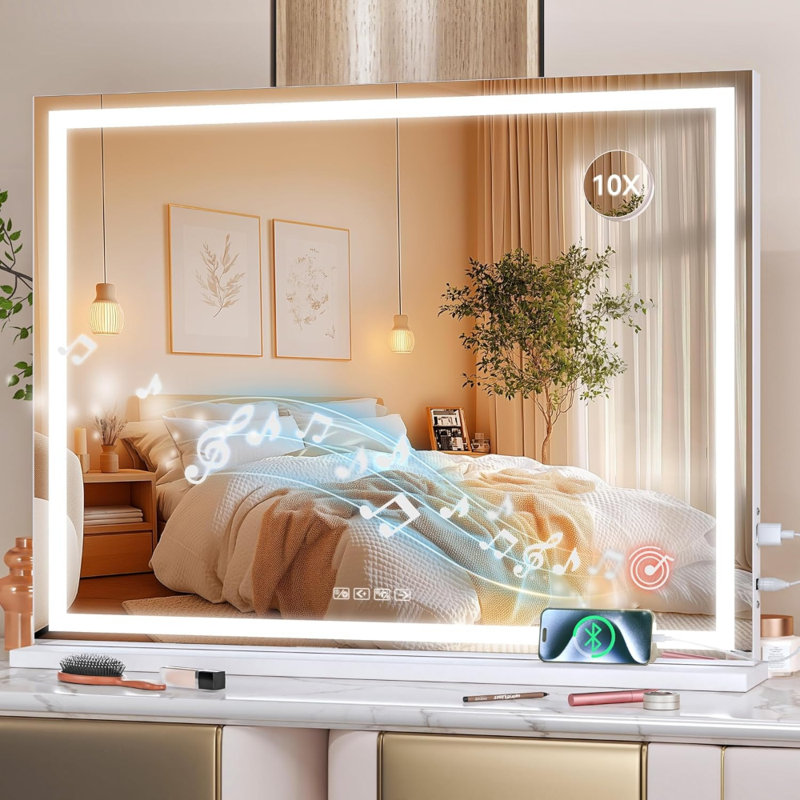 Miroir de maquillage 40 po x 29,5 po à DEL avec haut-parleur Bluetooth, 3 modes de couleur à intensité variable, port de charge USB, écran tactile, fixation murale ou de table, finition blanche