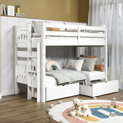 Treva Solid Wood Standard Twin over Twin Bunk Beds, 3 Step Ladder, 2 Under Bed Drawers, White