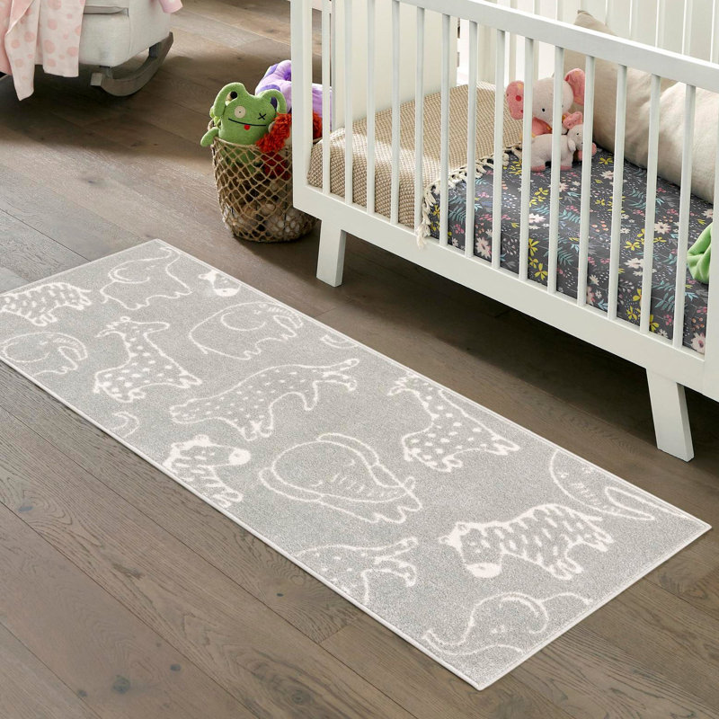 Whimsy Safari Animals Kid Rug, Gray/Ivory, Runner 2'7" x 12' 