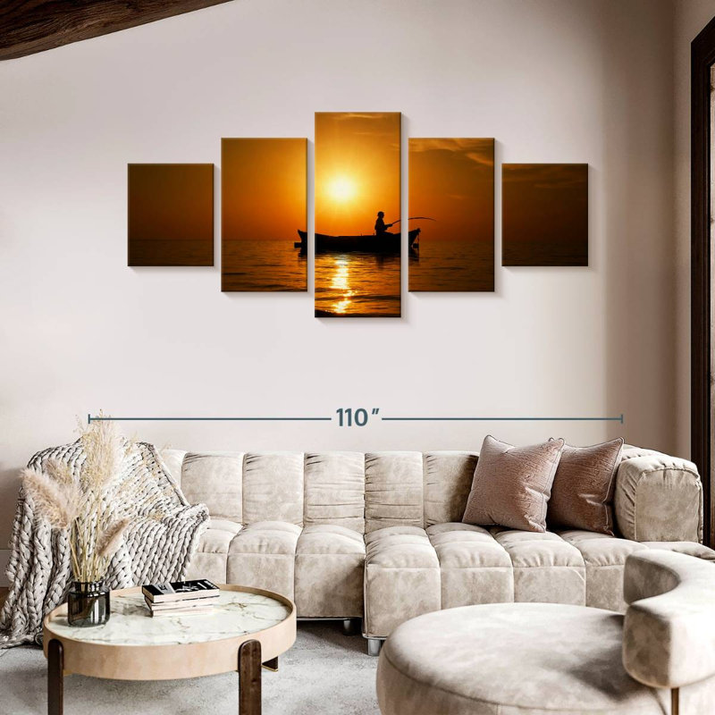 Pêche au coucher du soleil, H 42 po x l 92 po