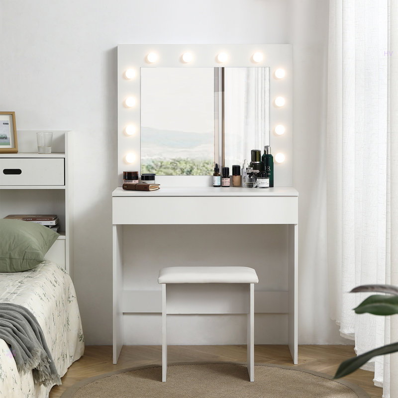 Vanity Table With Large Lighted Mirror, Makeup Vanity Dressing Table With Drawer, 1Pc Upholstered Stool